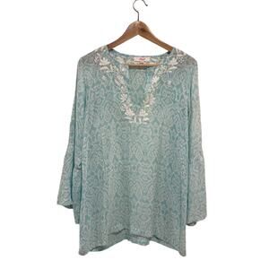 Amaya 100% Silk Sheer Tunic Blouse Blue Ikat Embroidered Bell Sleeve Size 40